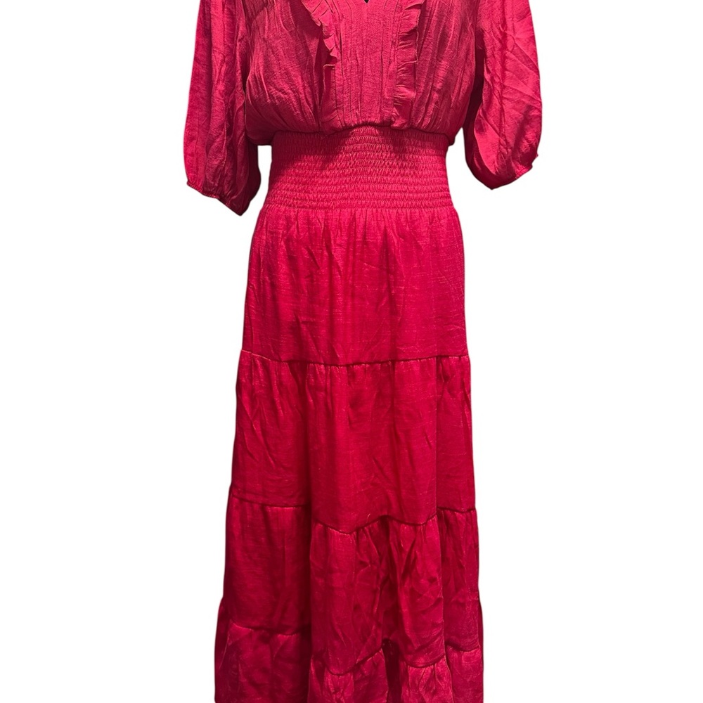 Elegant Pink Gown with 3/4 Puff Sleeves and Crew Neck